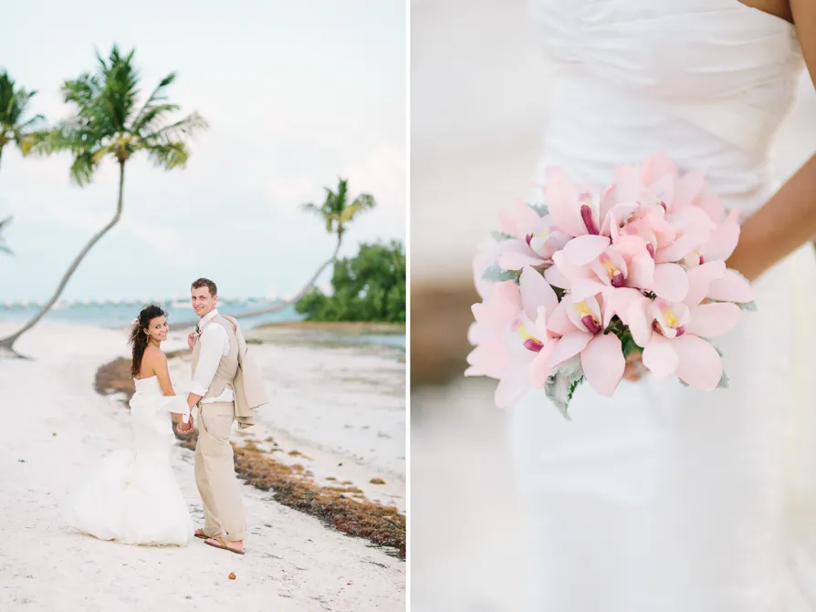 A serene beach with clear skies and a palm tree leaning over the shore.