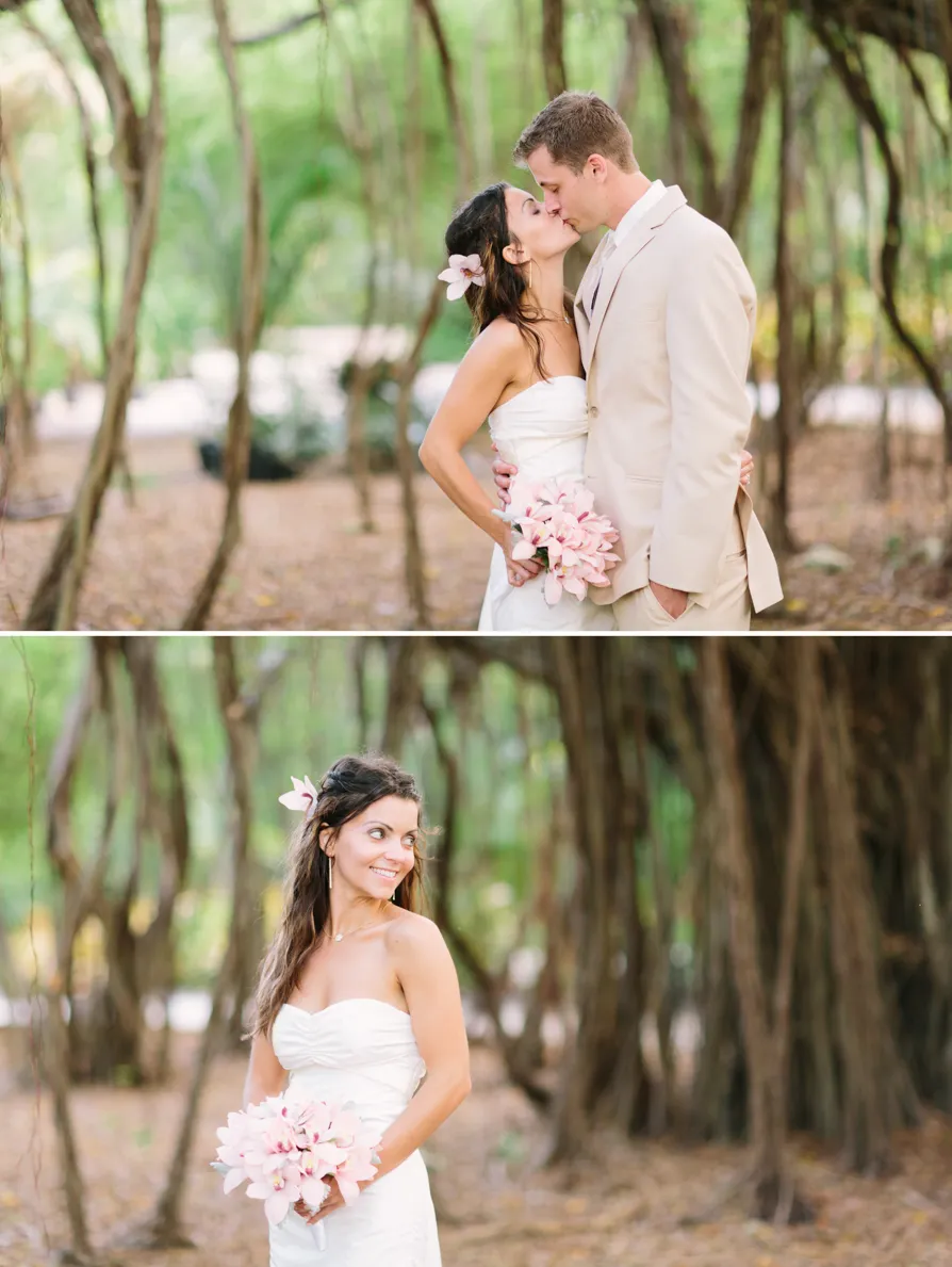 Bride and groom embracing in a serene forest setting.